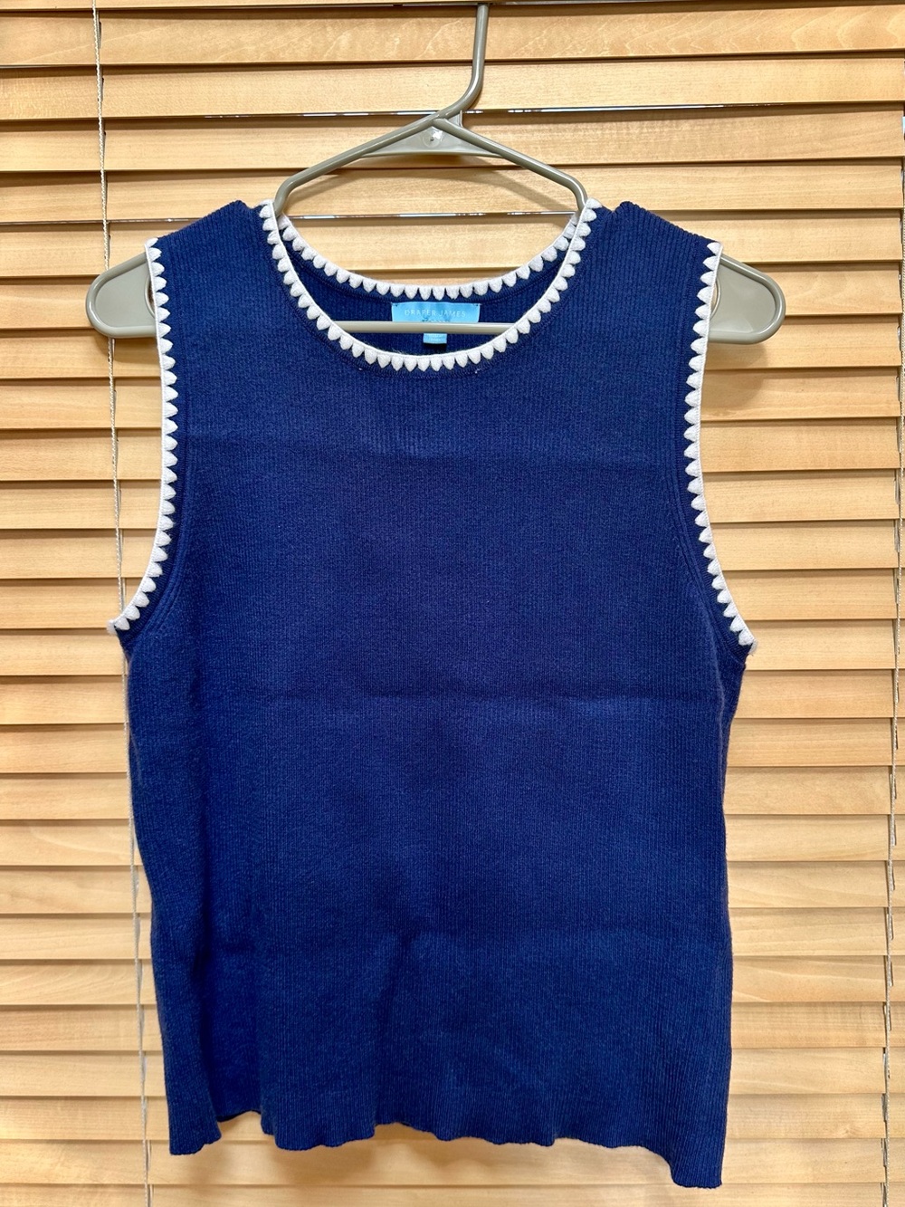Navy Sleeveless Knit Top with White Trim